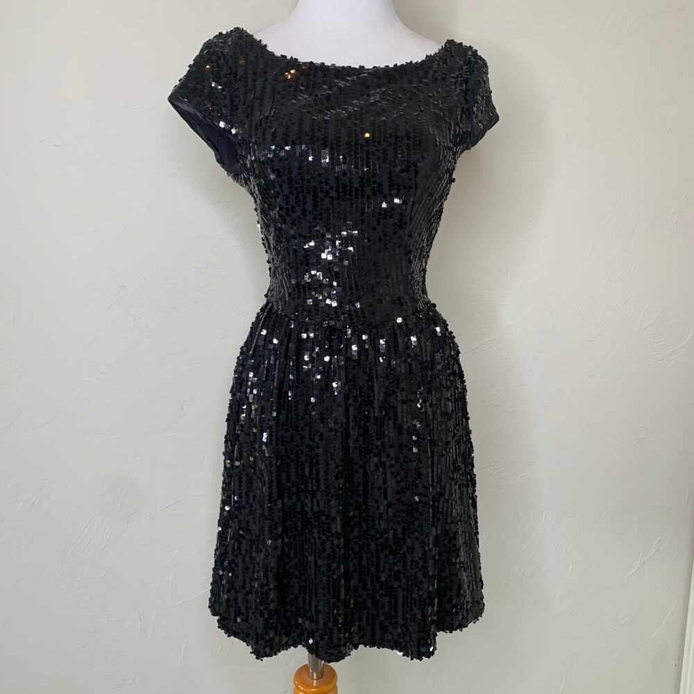 Black Square Sequin Fit Flare Dress Cap Sleeves Sz 5/6